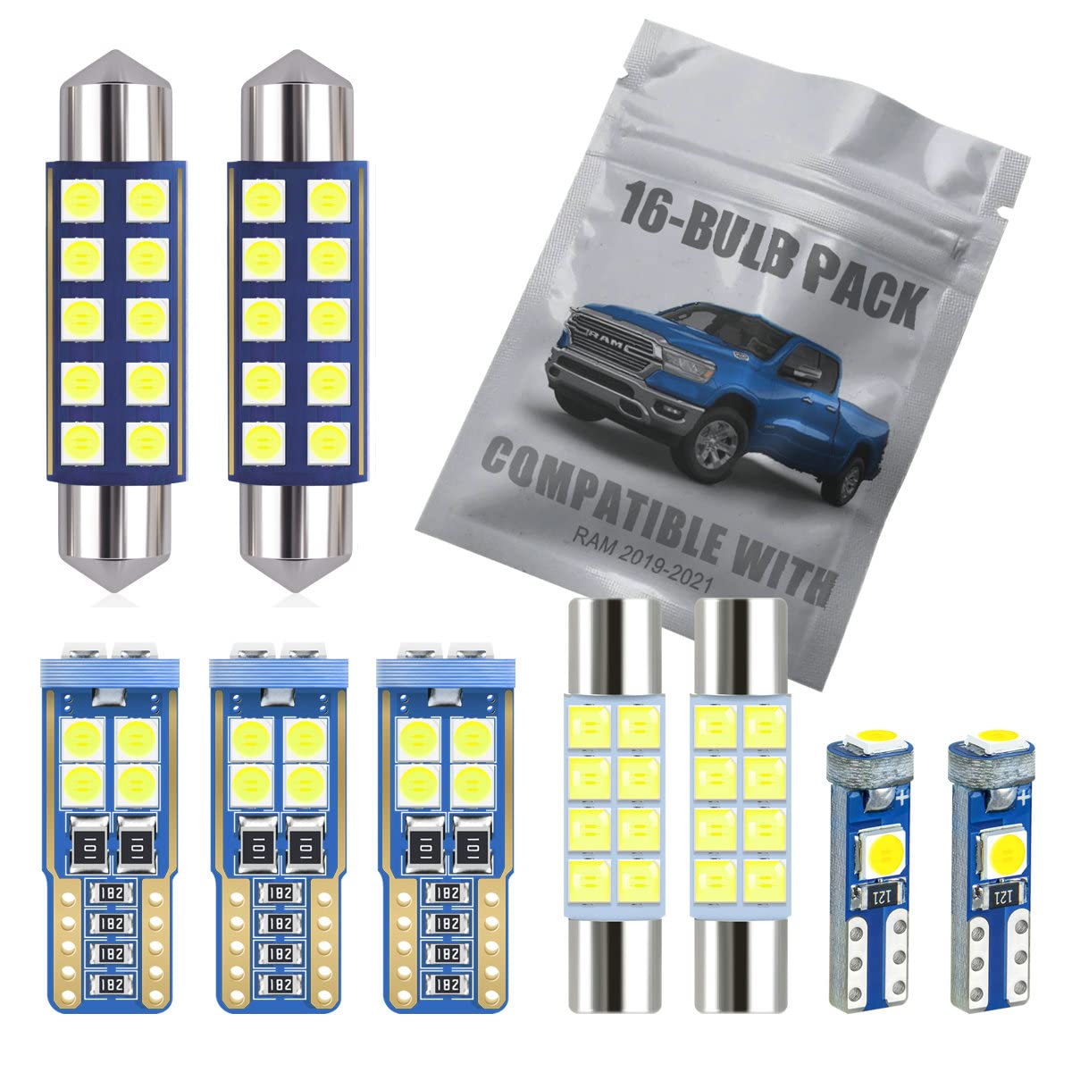 EBAIFUN 16-pc White LED Interior Light Kit Compatible with 2019 2020 2021 Dodge Ram 1500 2500 3500 Map Dome Vanity Mirror Stepwell License Plate Light Bulb Replacement Super Bright 6000K Package